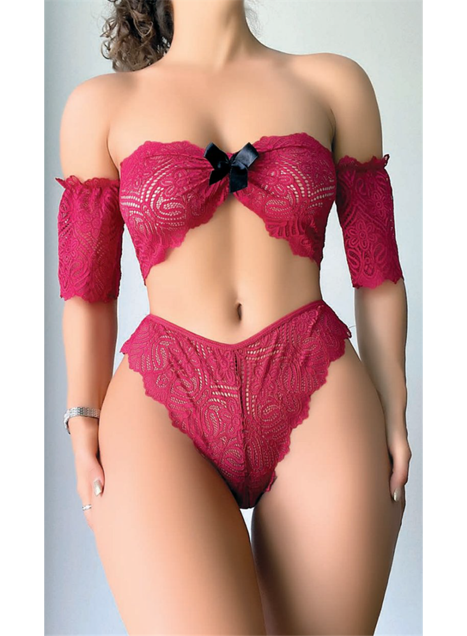 Fiyonk Detaylı Kırmızı Dantel Sütyen Külot Takım