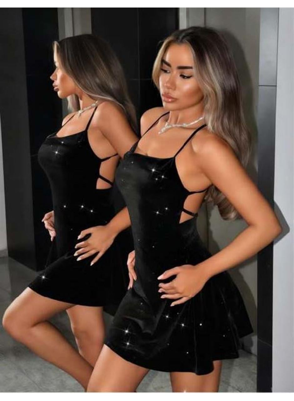 Siyah Sırt Dekolteli Simli Fantezi Mini Club Elbisesi