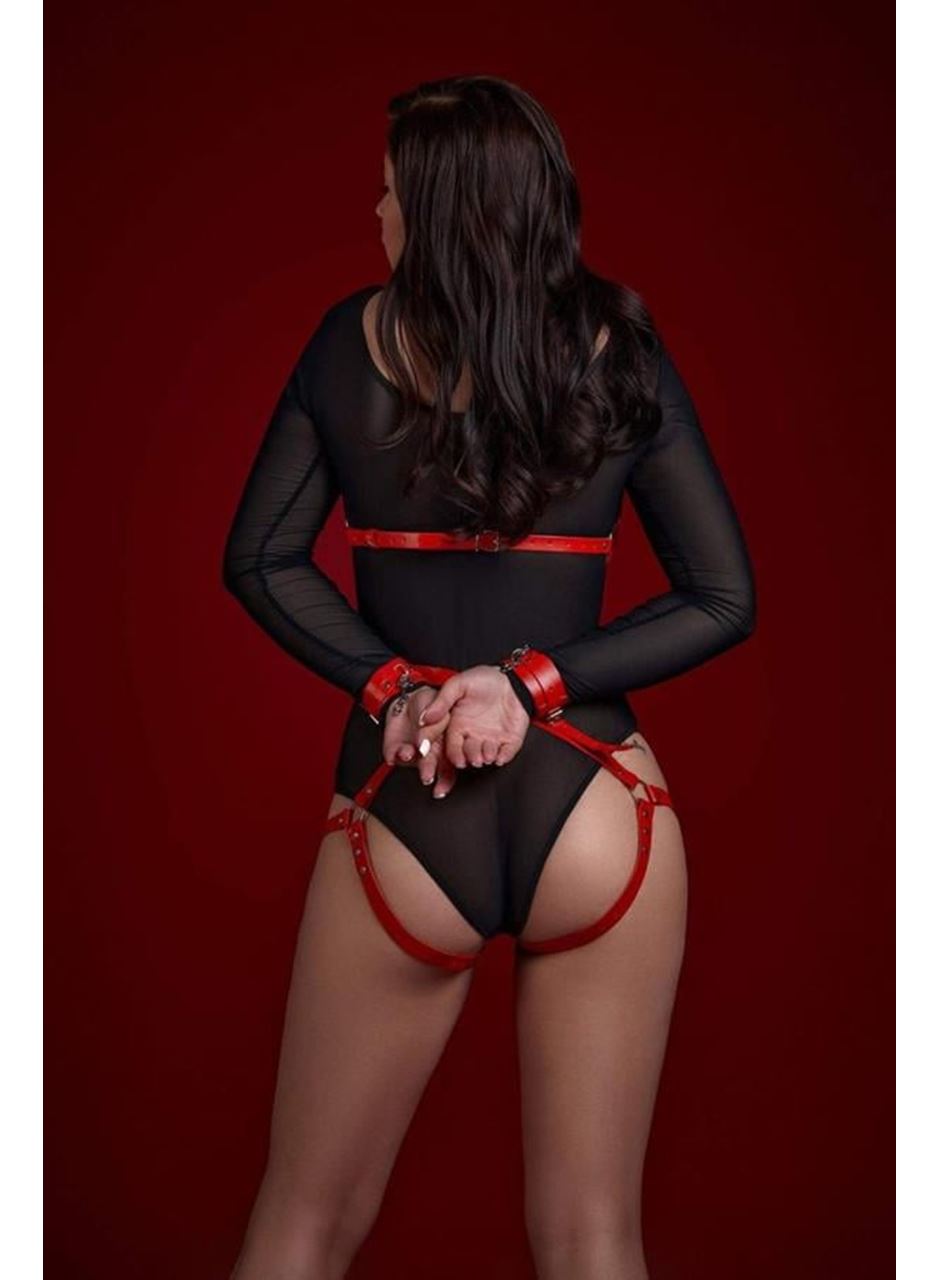 Fantezi Sütyen Külot Kelepçeli Kırmızı Harness Set