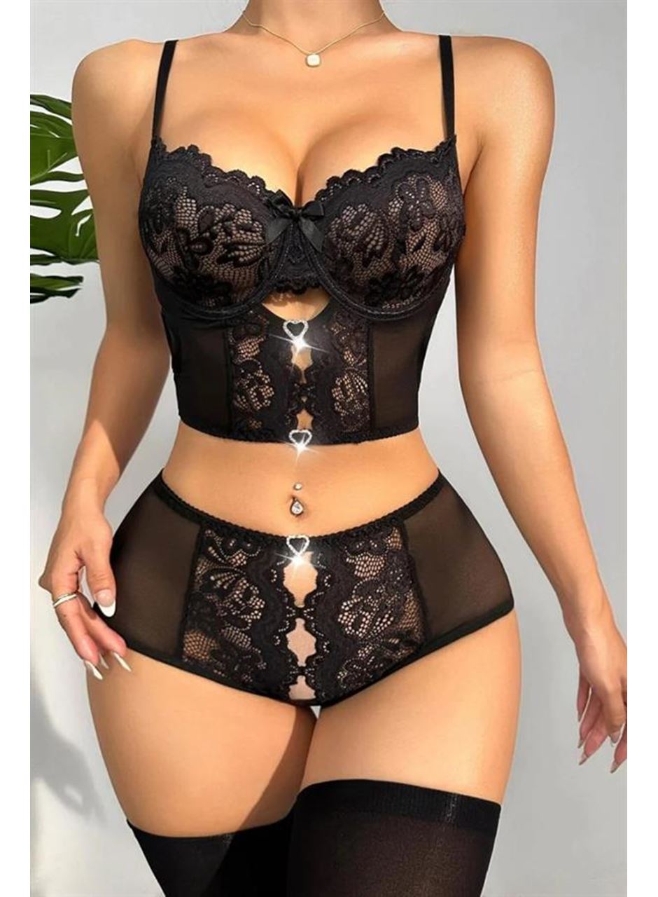 Özel Bölgesi Açık Siyah Dantelli Fantezi Büstiyer Takım