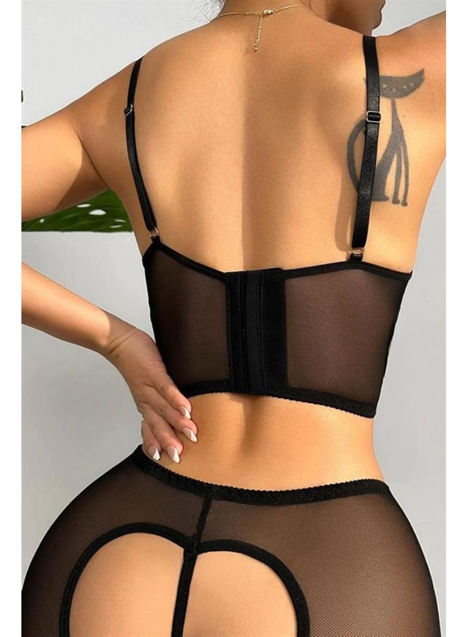 Özel Bölgesi Açık Siyah Dantelli Fantezi Büstiyer Takım