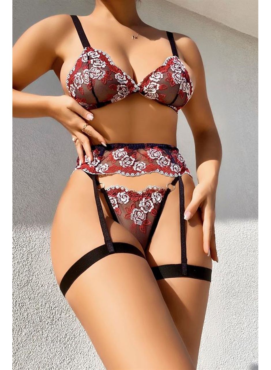 Fantezi Bacak Bantlı Çiçek Desenli Sütyen Külot Takım