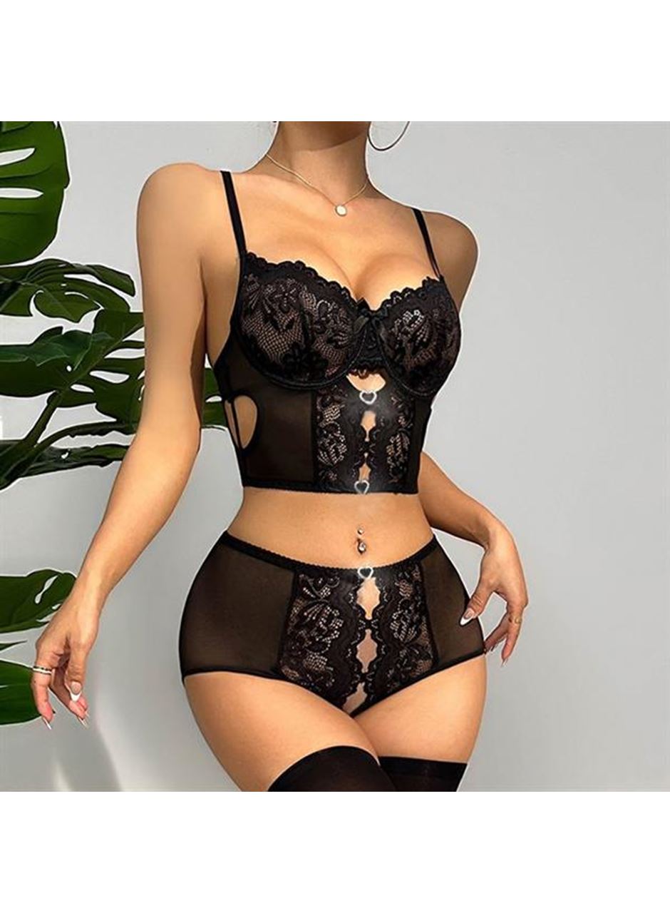Özel Bölgesi Açık Siyah Dantelli Fantezi Büstiyer Takım