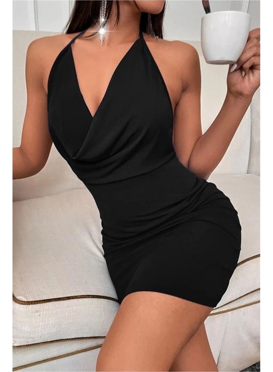 Siyah Boyundan Bağlamalı Sırt Dekolteli Mini Club Elbisesi