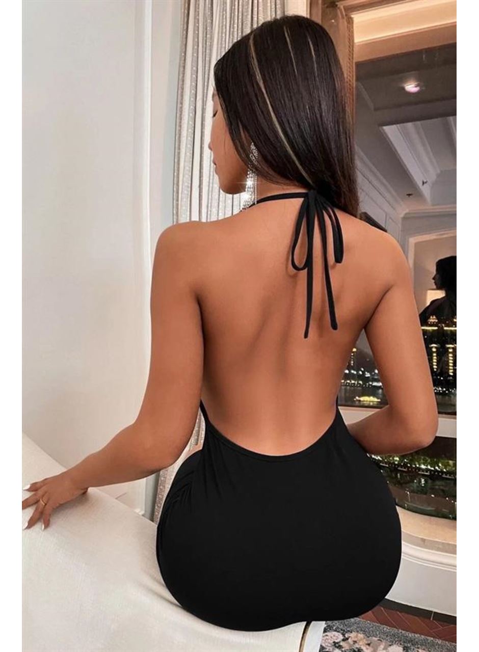 Siyah Boyundan Bağlamalı Sırt Dekolteli Mini Club Elbisesi