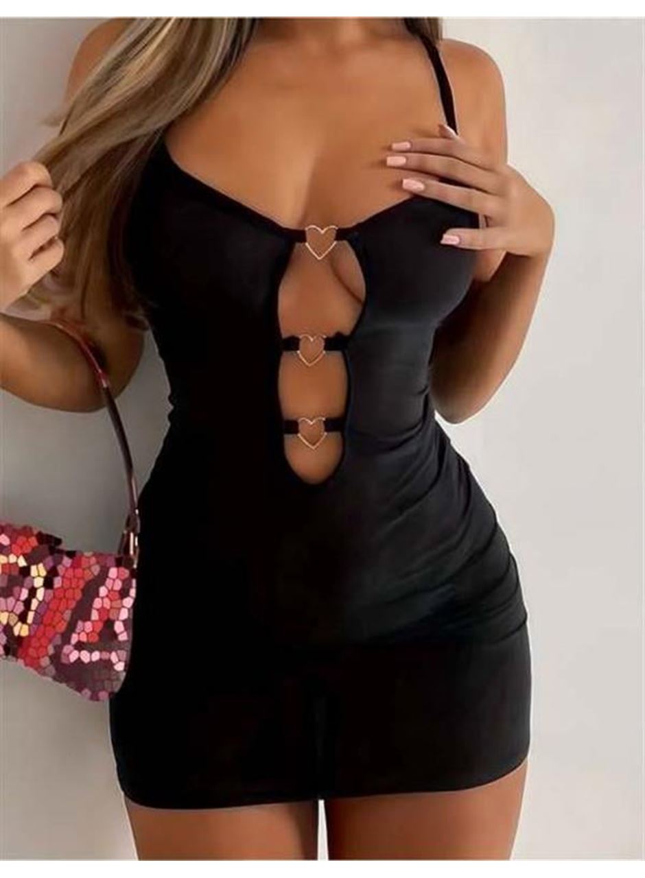 Siyah Göğüs Dekolteli Kalp Detaylı Mini Club Elbisesi