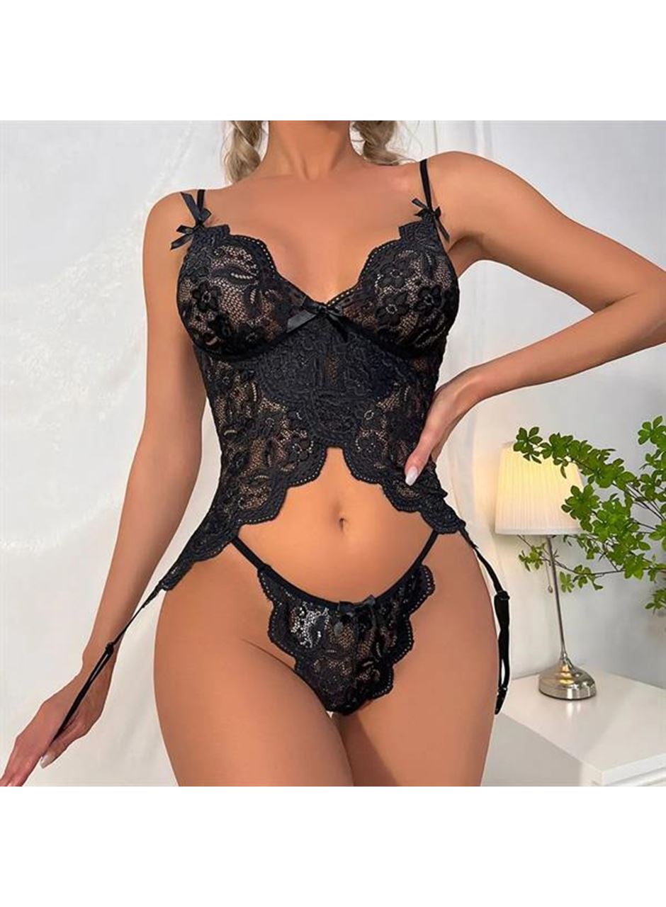 Özel Tasarım Arkadan Bağcıklı Fantezi Siyah Jartiyer Takım