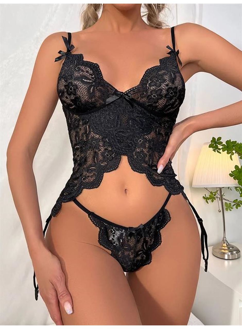 Özel Tasarım Arkadan Bağcıklı Fantezi Siyah Jartiyer Takım