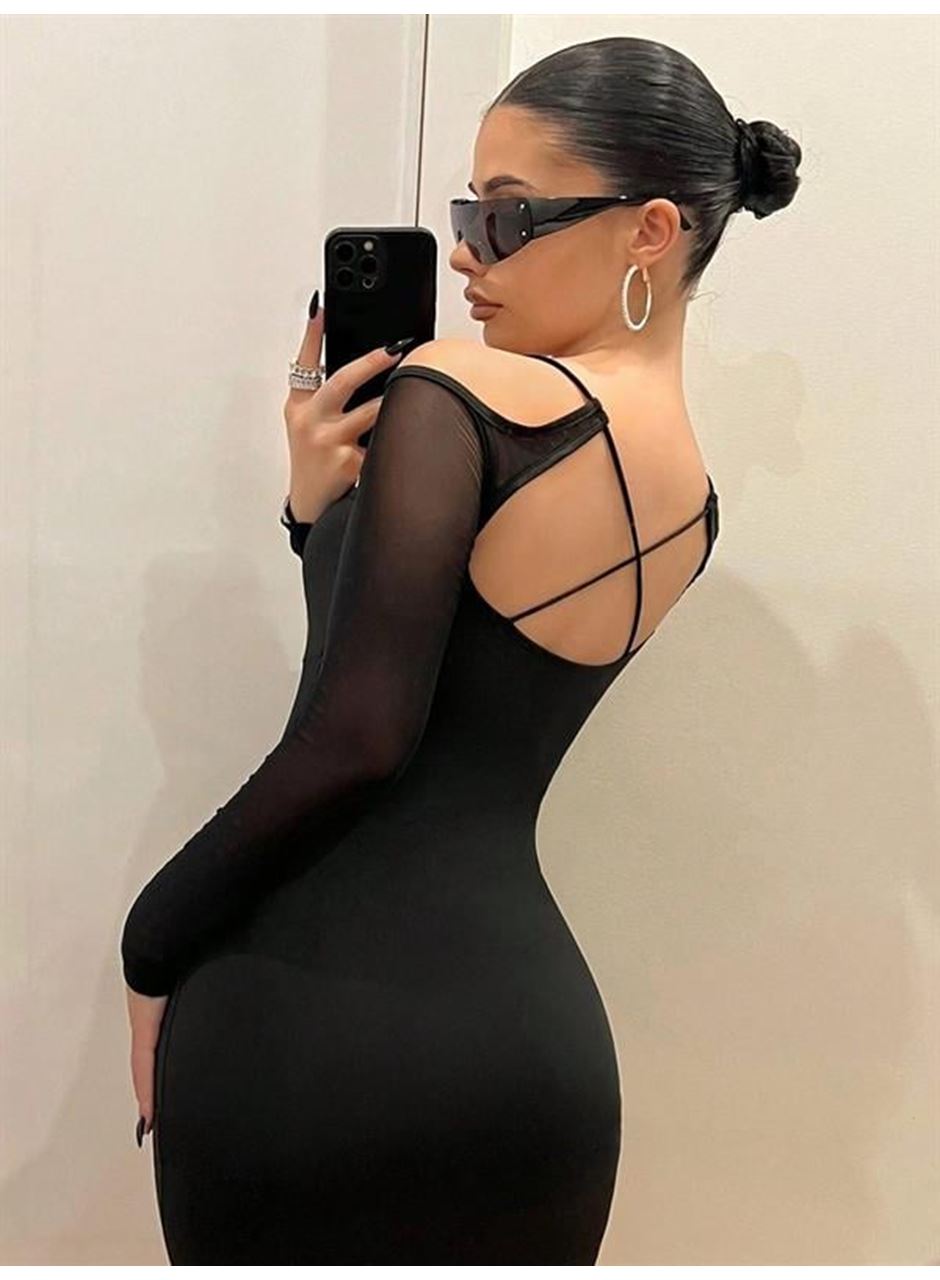 Siyah Göğüs Dekolteli İp Detaylı Mini Club Elbisesi