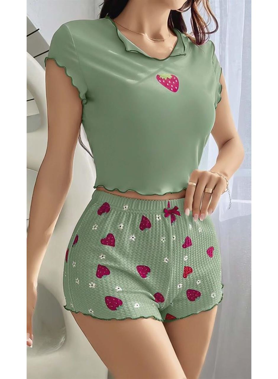 Yeşil Çilek Desenli Askılı Şortlu Pijama Takım
