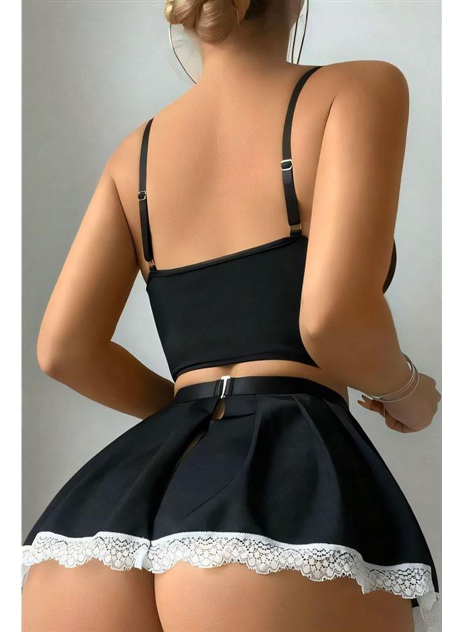 Siyah Beyaz Bacak Aksesuarlı Büstiyerli Fantezi Hizmetçi Kostümü