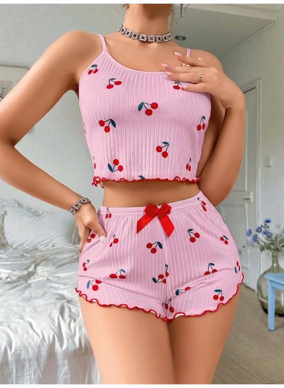 Pembe Kiraz Desenli Askılı Şortlu Pijama