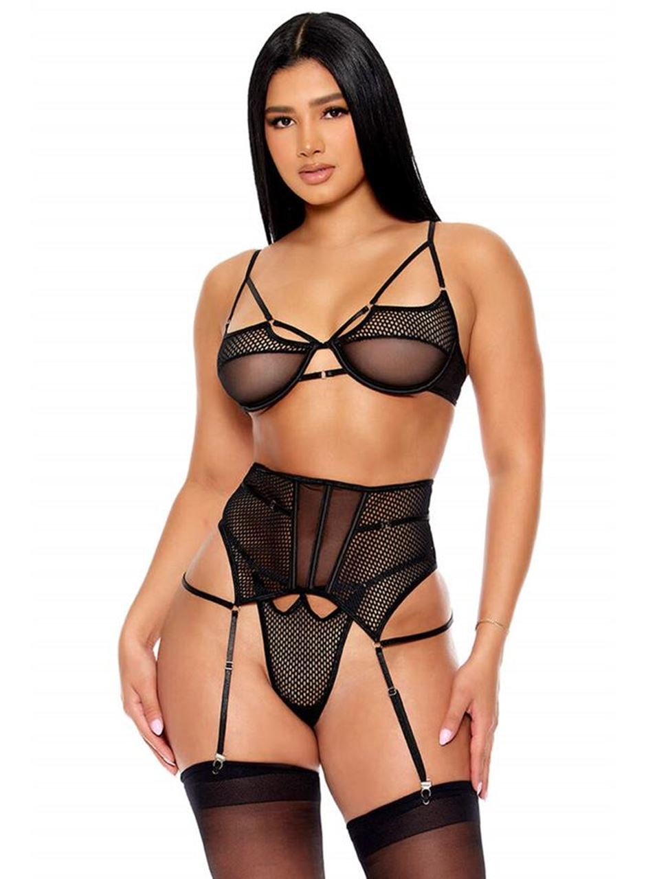 Fantezi File Tül Detaylı Siyah Jartiyer  Takım