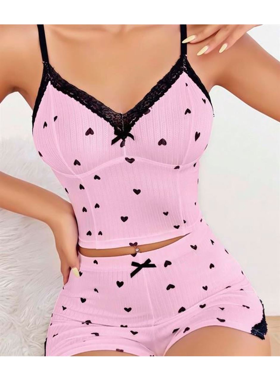 Pembe Kalp Desenli Askılı Şortlu Pijama Takım