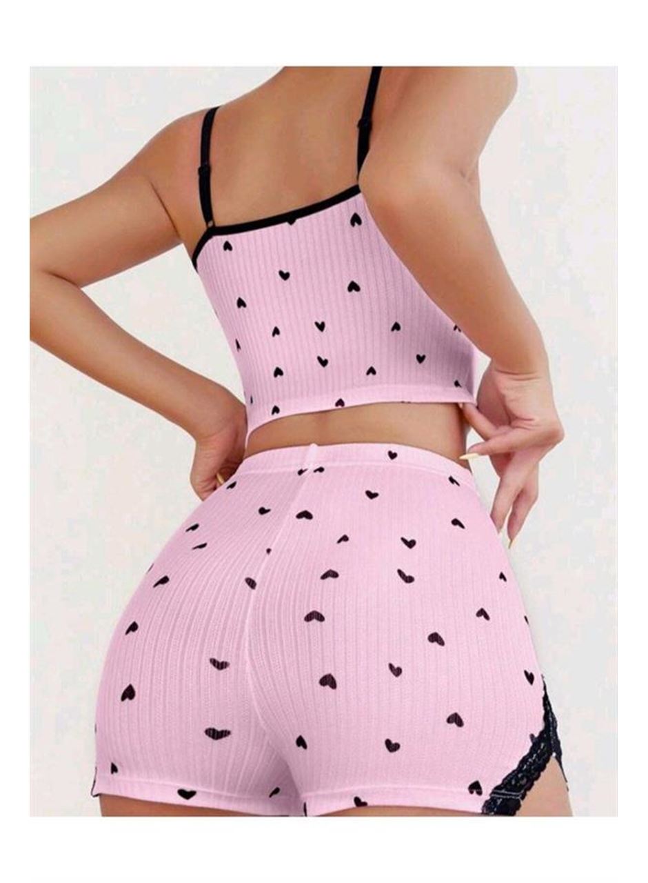 Pembe Kalp Desenli Askılı Şortlu Pijama Takım