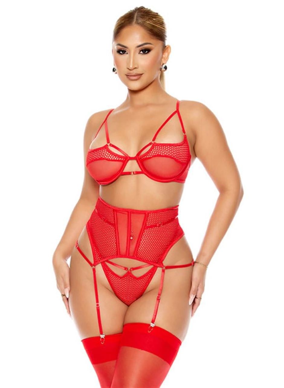 Fantezi File Tül Detaylı Kırmızı Jartiyer  Takım