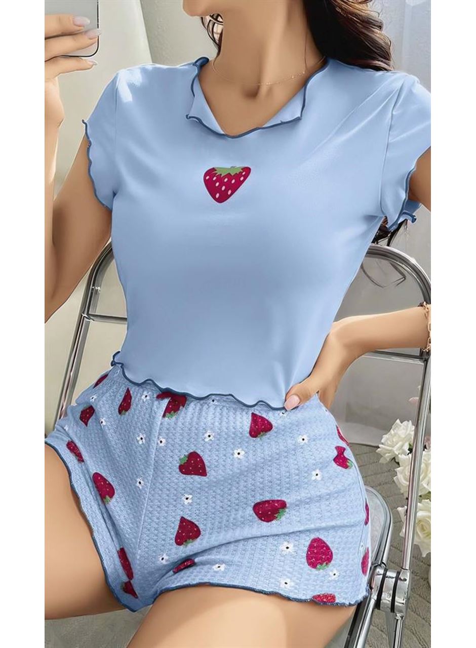Çilek Desenli Mavi Seksi Pijama Takım