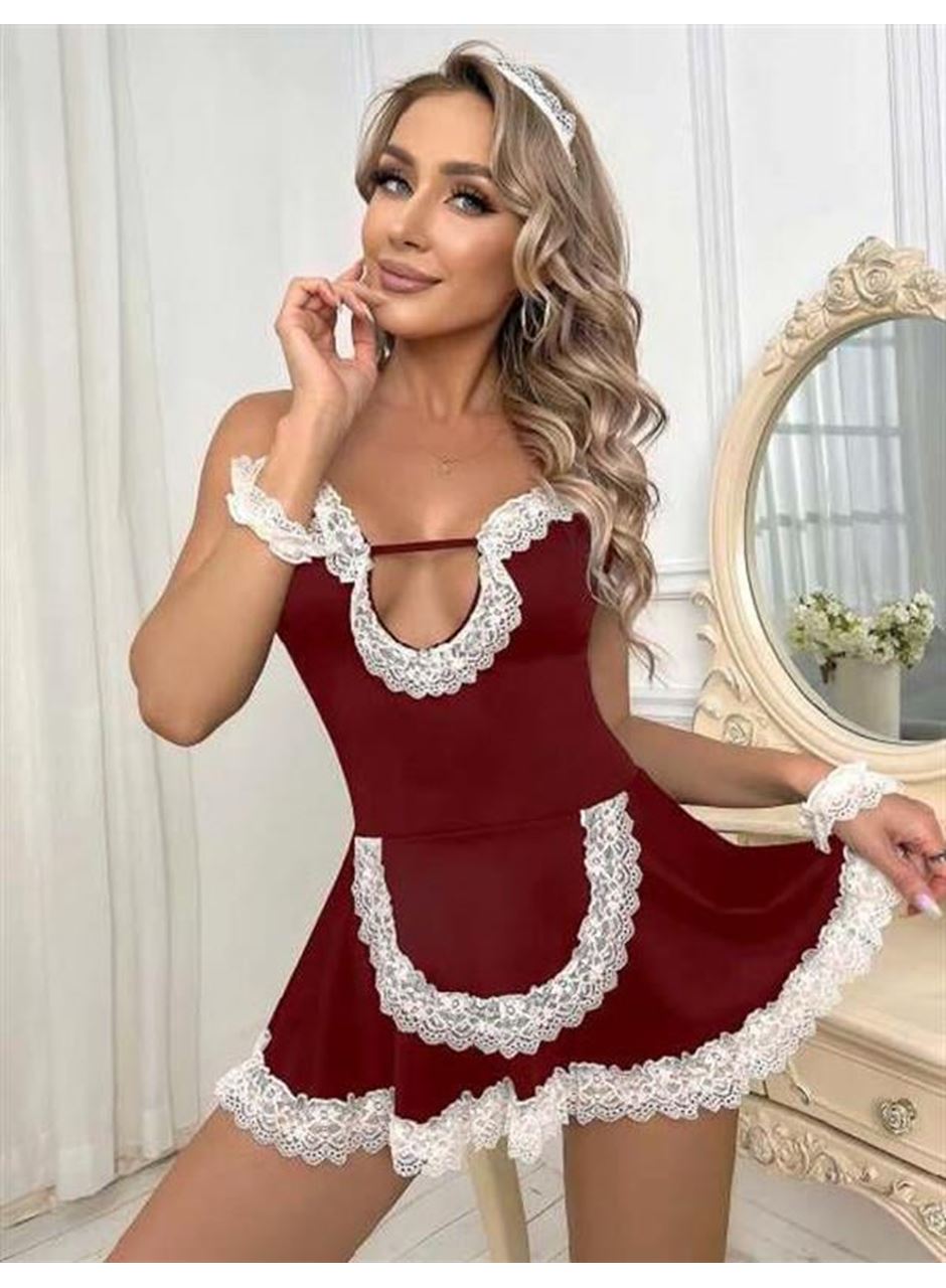 Bordo Beyaz Aksesuarlı Dantelli Fantezi Hizmetçi Kostümü