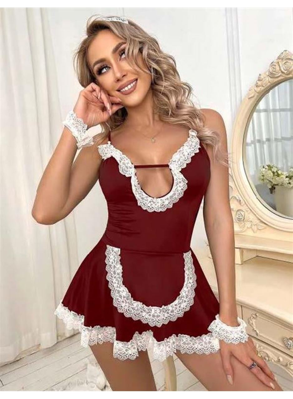 Bordo Beyaz Aksesuarlı Dantelli Fantezi Hizmetçi Kostümü