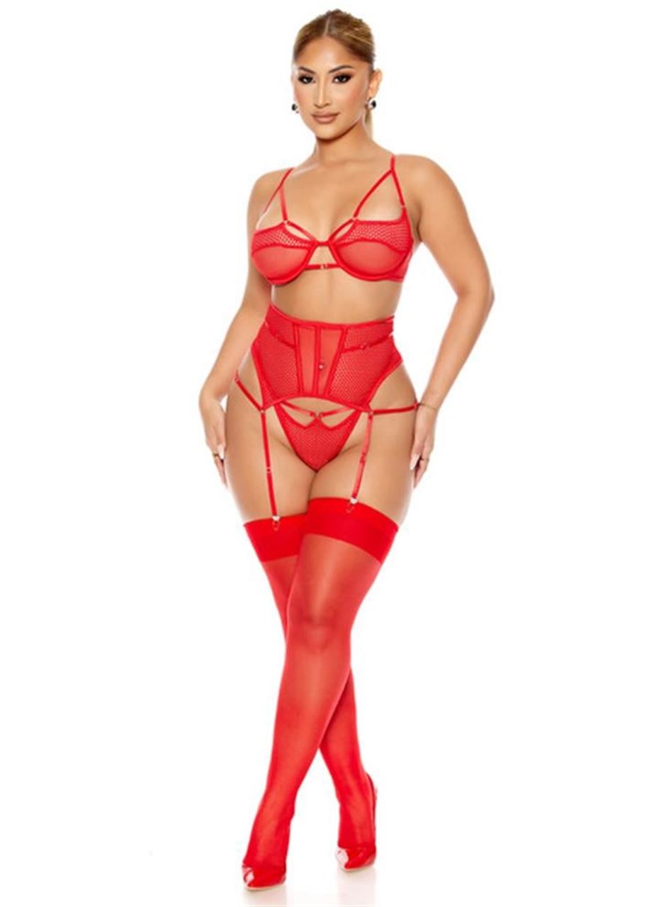 Fantezi File Tül Detaylı Kırmızı Jartiyer  Takım