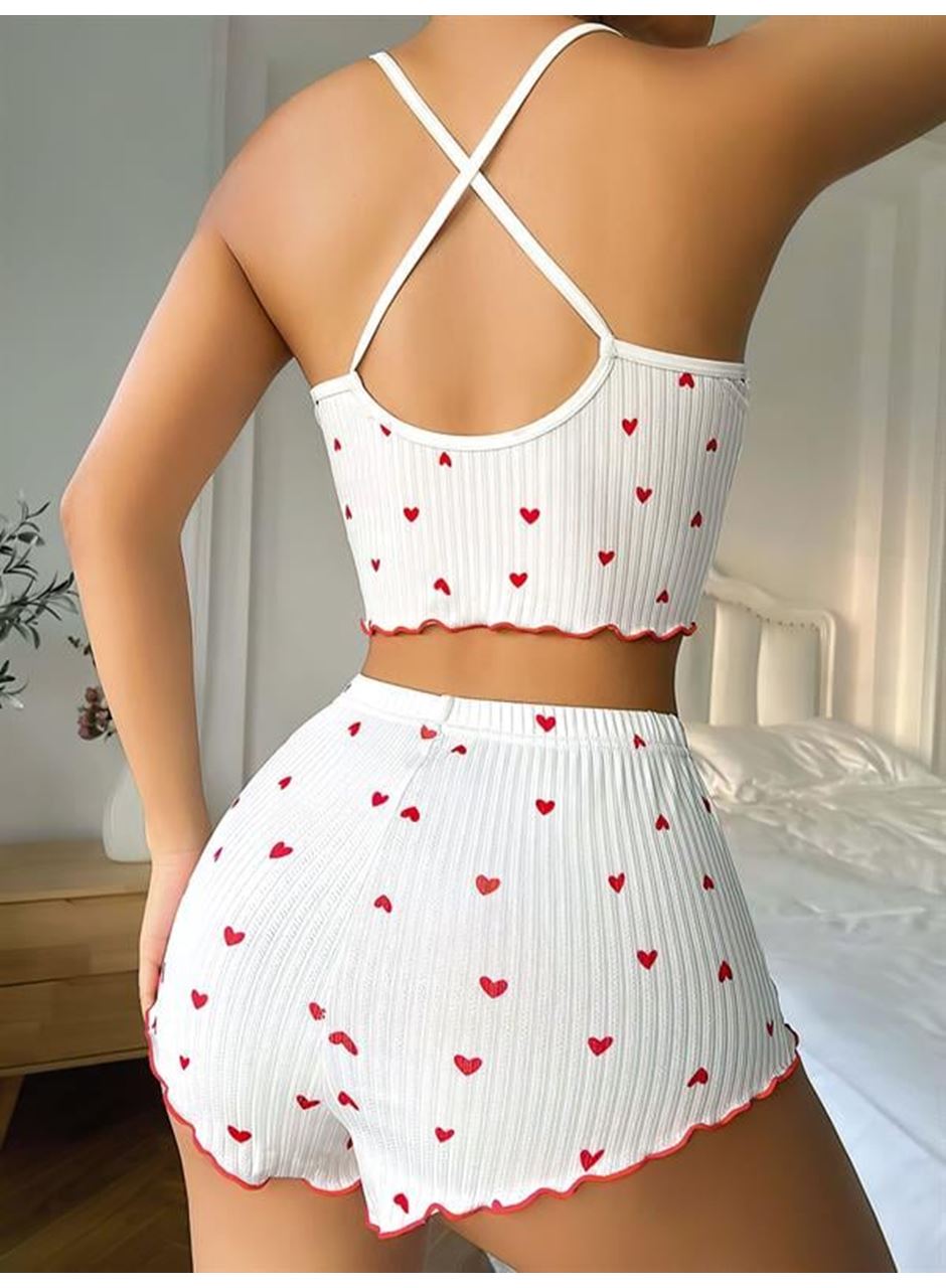 Beyaz Fiyonk Desenli Kalpli Askılı Şortlu Pijama Takım