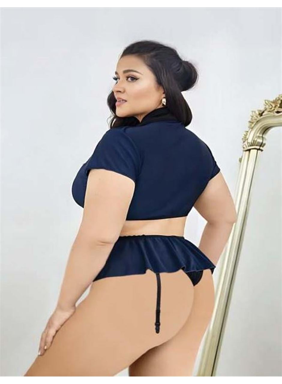 Büyük Beden Lacivert Göğüs Detay Büstiyerli Kravatlı Mini Etekli Fantezi Polis Kostümü