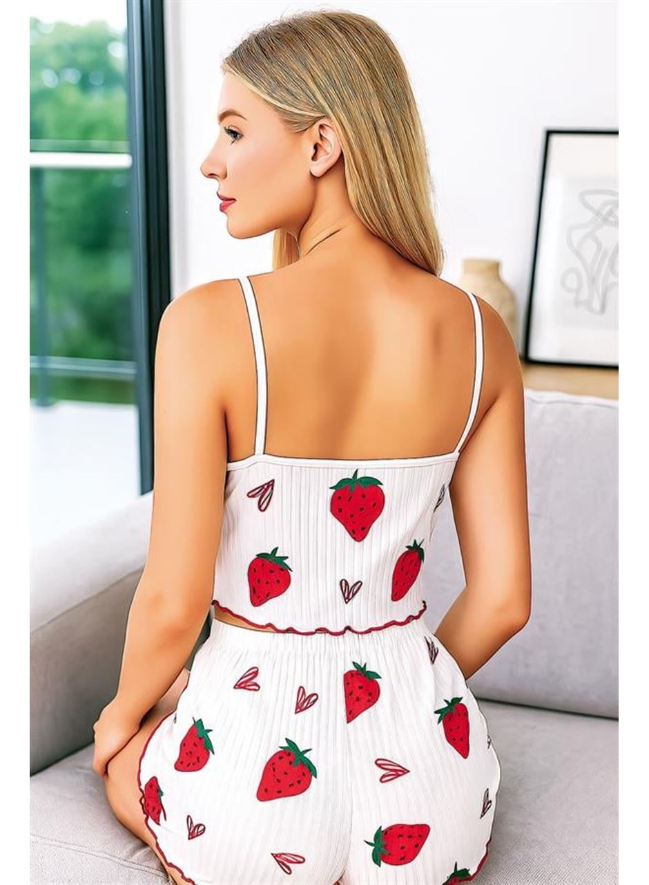 Penye Kumaş Çilek Desen Beyaz Şortlu Takım