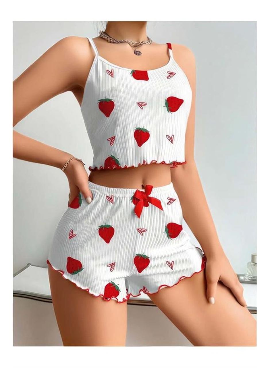 Penye Kumaş Çilek Desen Beyaz Şortlu Takım
