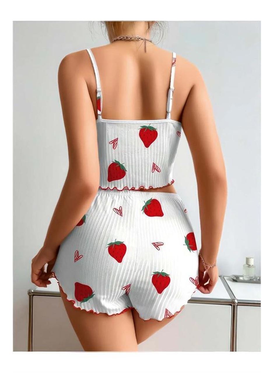 Penye Kumaş Çilek Desen Beyaz Şortlu Takım