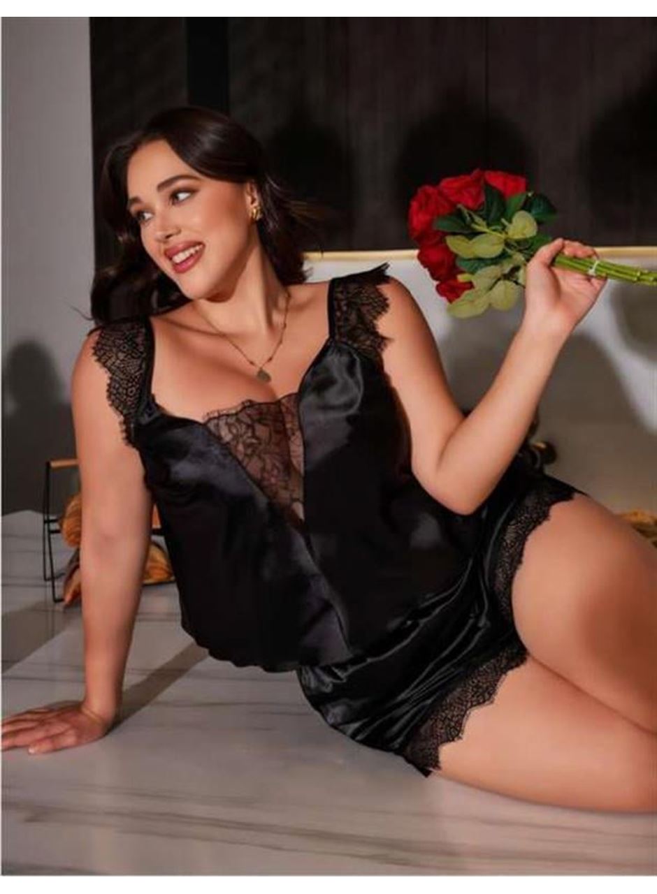 Büyük Beden Siyah Omuz Dantel İşlemeli Saten Şortlu Takım