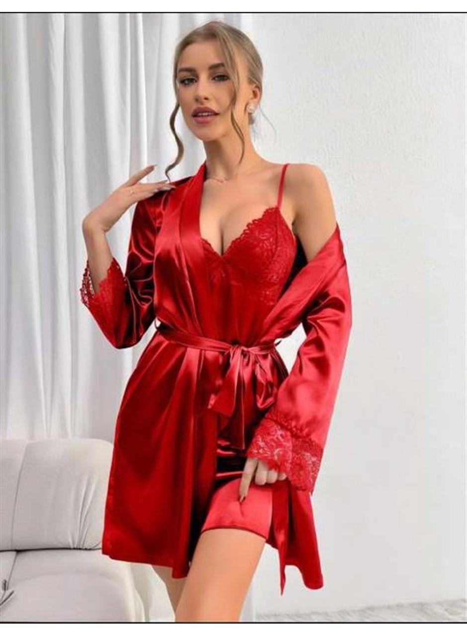 Dantel İşlemeli İnce Askılı Kırmızı Saten 2'li Gecelik Sabahlık Takımı