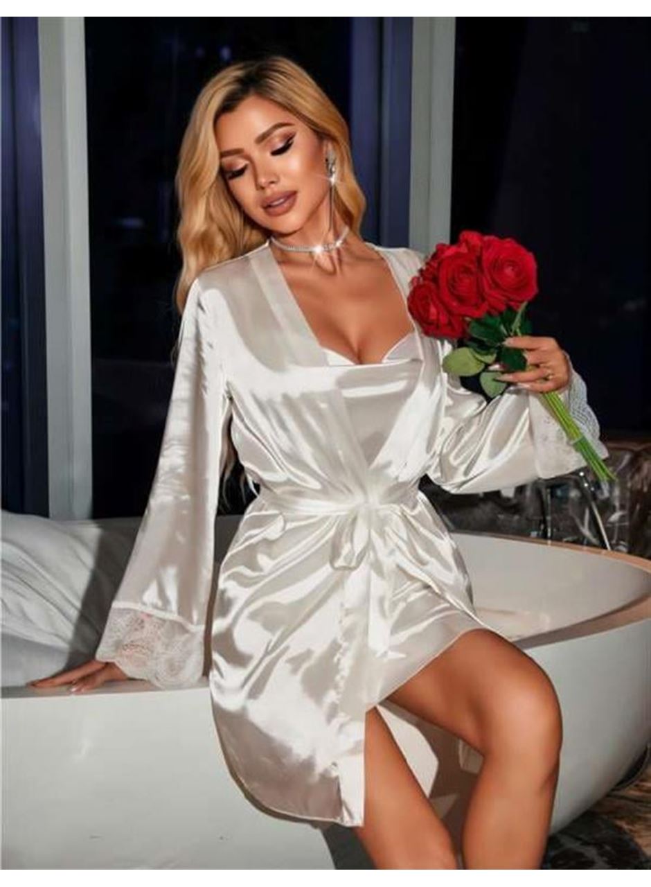 Dantel İşlemeli İnce Askılı Beyaz Saten 2'li Gecelik Sabahlık Takımı