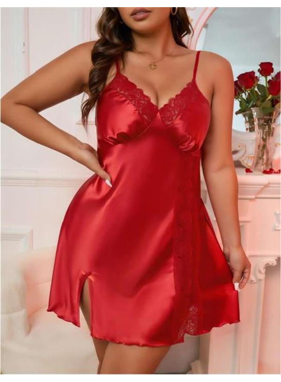 Büyük Beden Kırmızı Dantel Detaylı Saten Gecelik