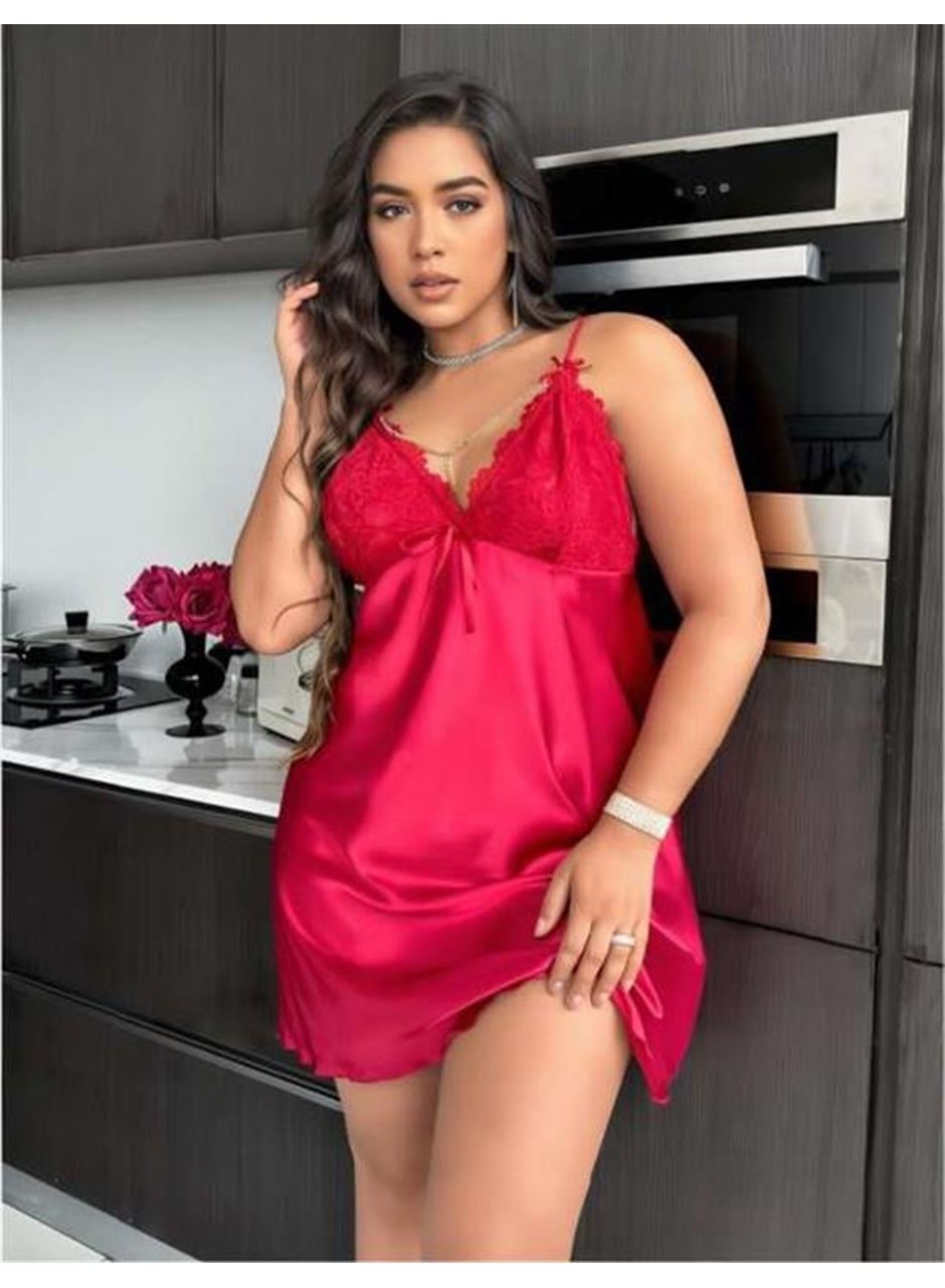 Büyük Beden Kırmızı Dantel İşlemeli Saten Gecelik