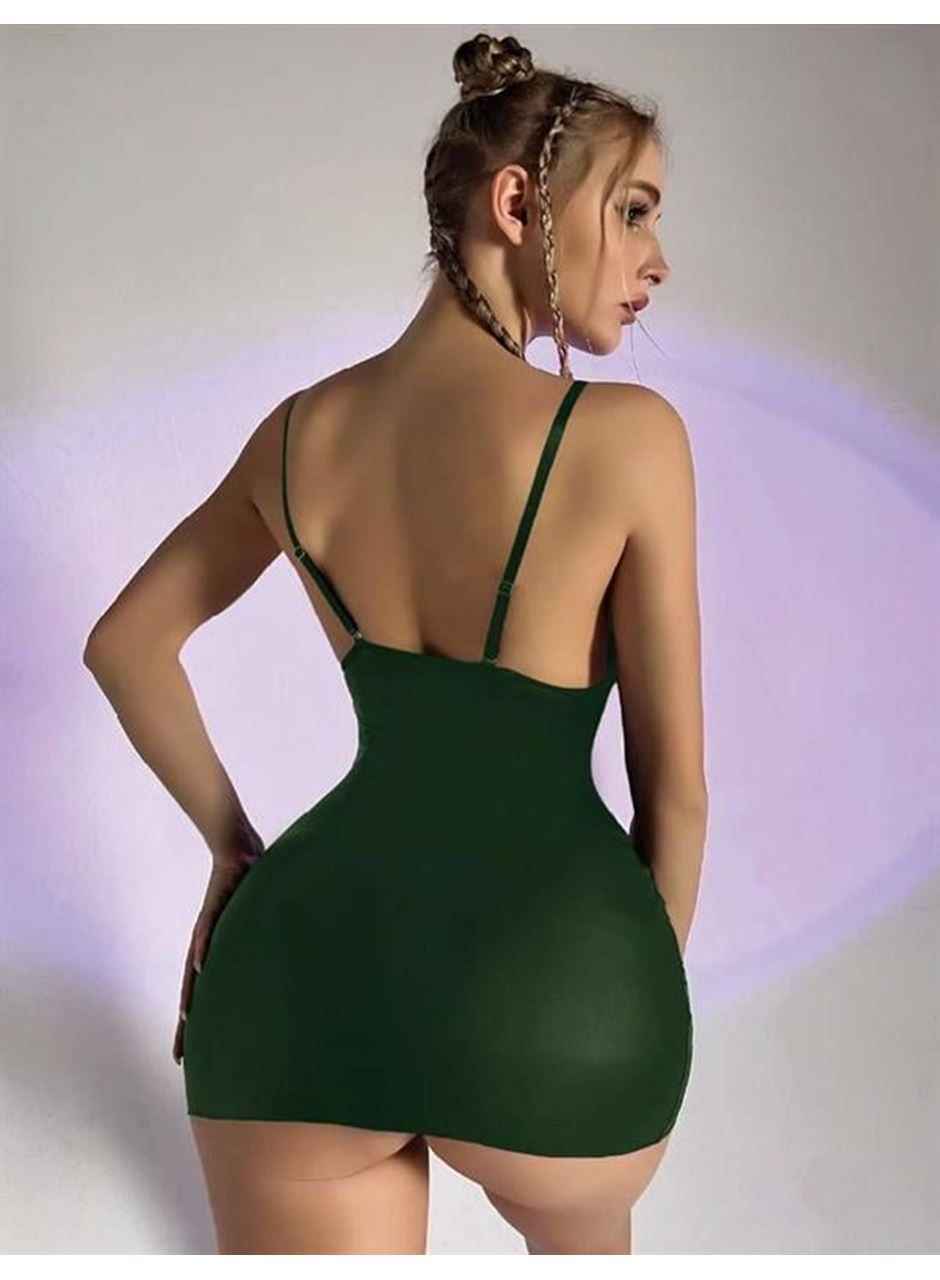 Yeşil Göğüs Dekolteli Fantezi Lame Deri Elbise