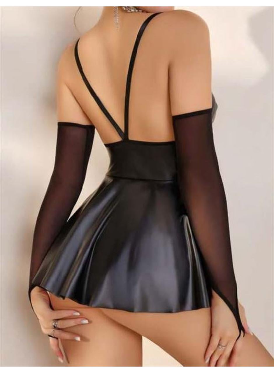 Siyah Etekli Fantezi Deri Elbise