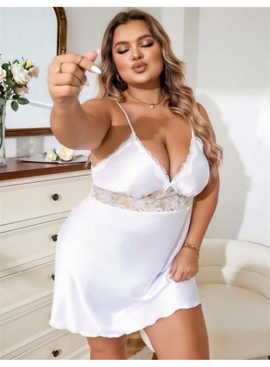 Büyük Beden Beyaz Dantel İşlemeli Saten Gecelik