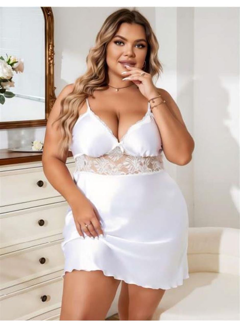 Büyük Beden Beyaz Dantel İşlemeli Saten Gecelik