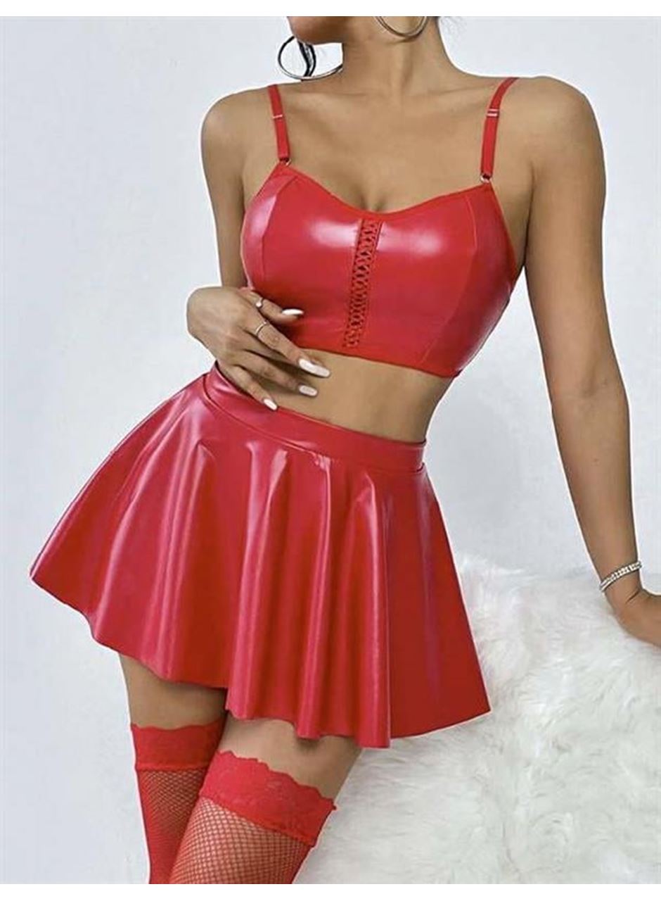 Kırmızı Etekli Fantezi Deri Şık Elbise