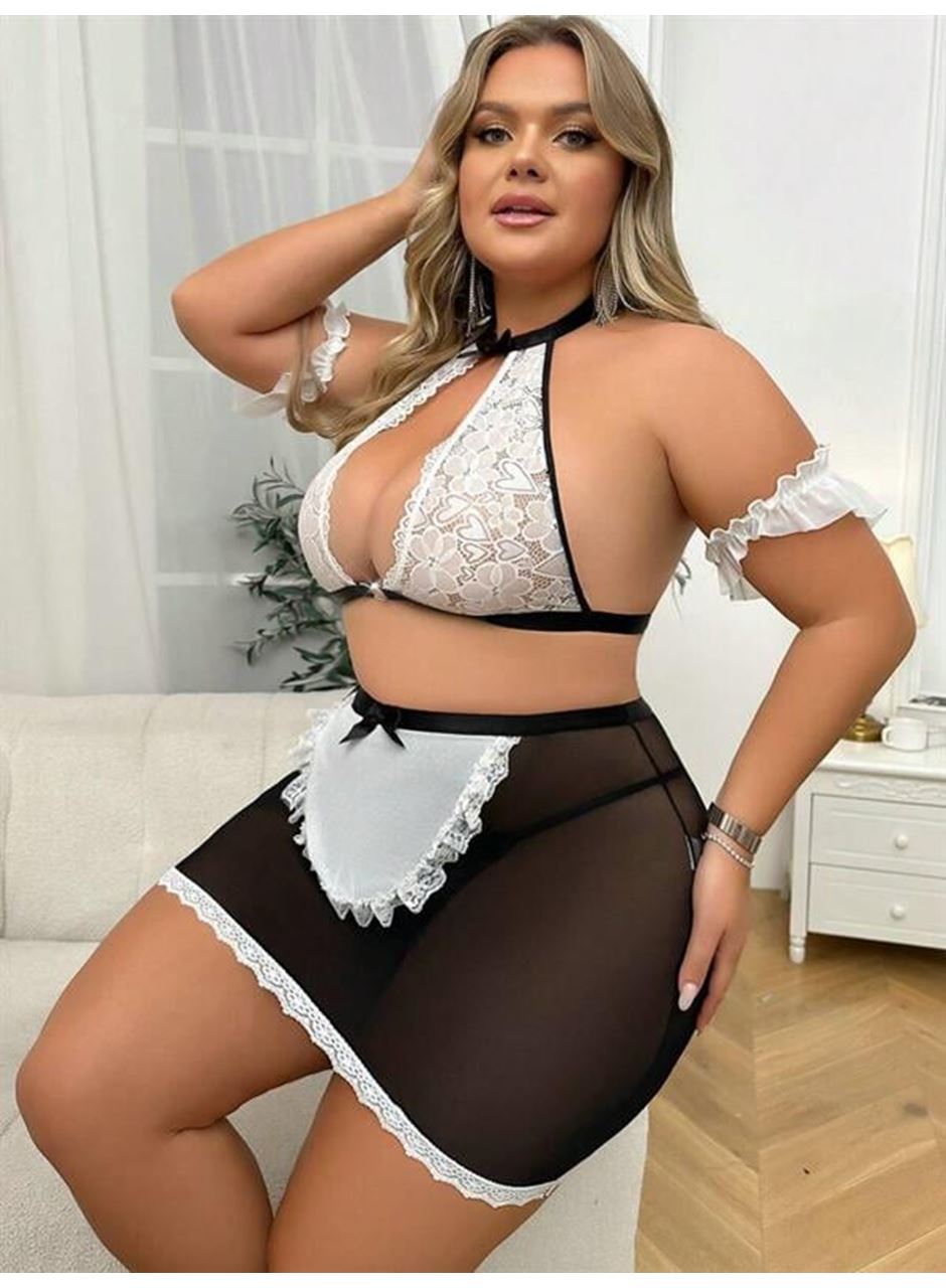 Özel Tasarım Büyük Beden Dantelli Fantezi Hizmetçi Kostümü