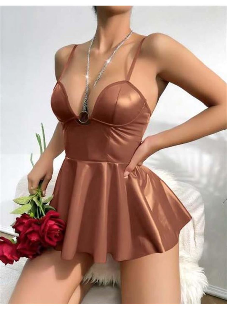 Kahverengi Parlak Lame Fantezi Deri Elbise