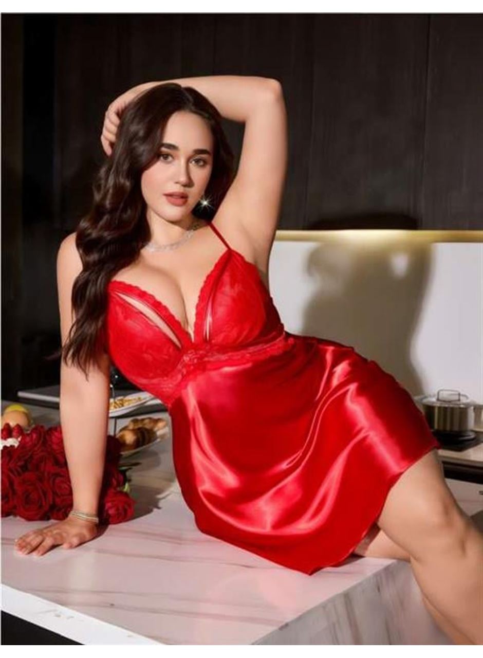 Büyük Beden Kırmızı Dantel Detaylı Saten Gecelik