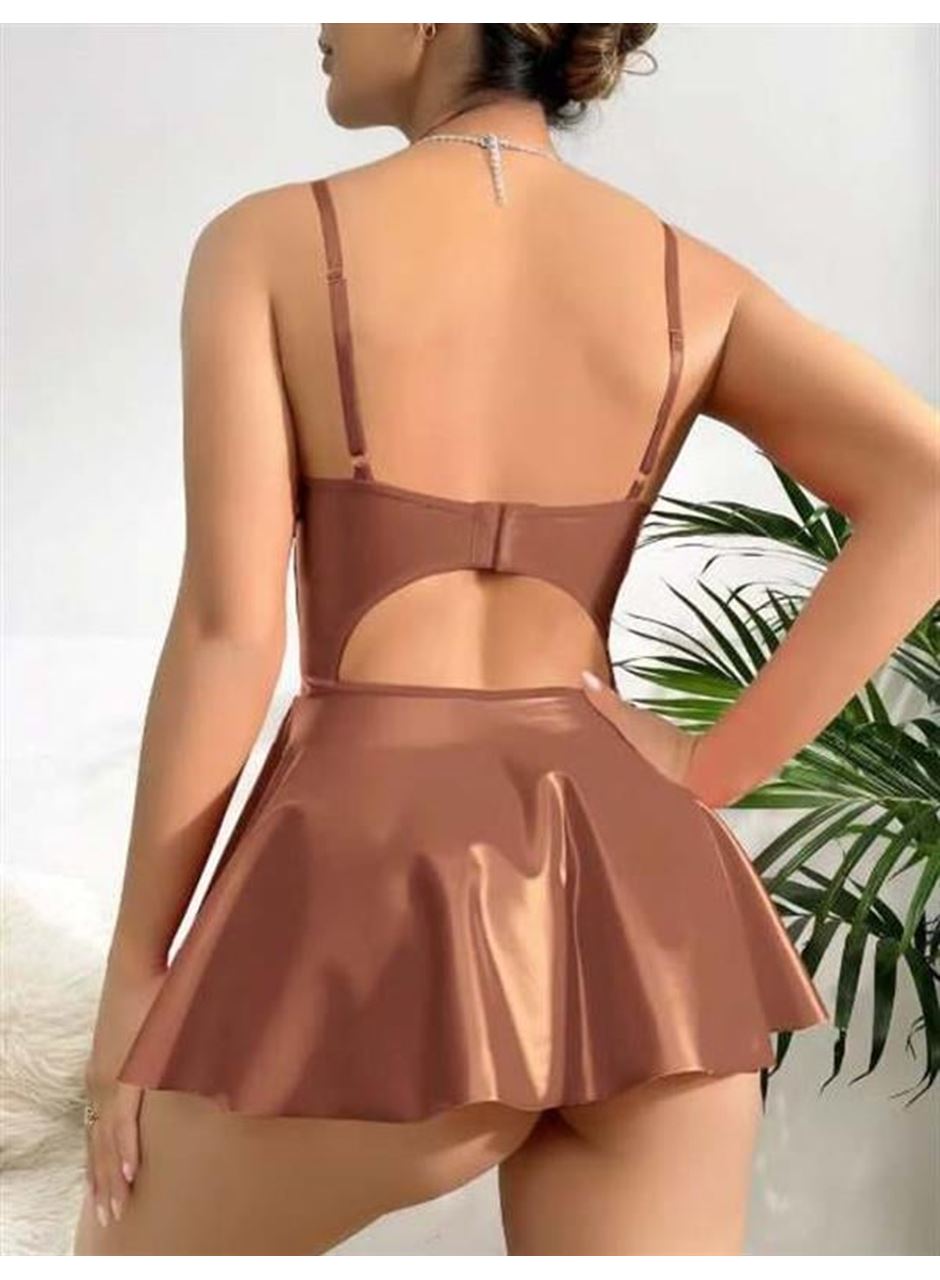 Kahverengi Parlak Lame Fantezi Deri Elbise