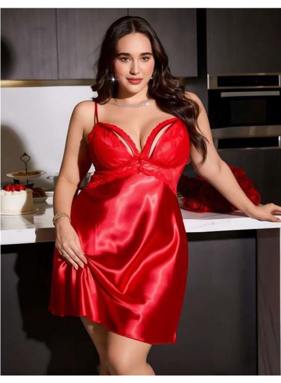 Büyük Beden Kırmızı Dantel Detaylı Saten Gecelik