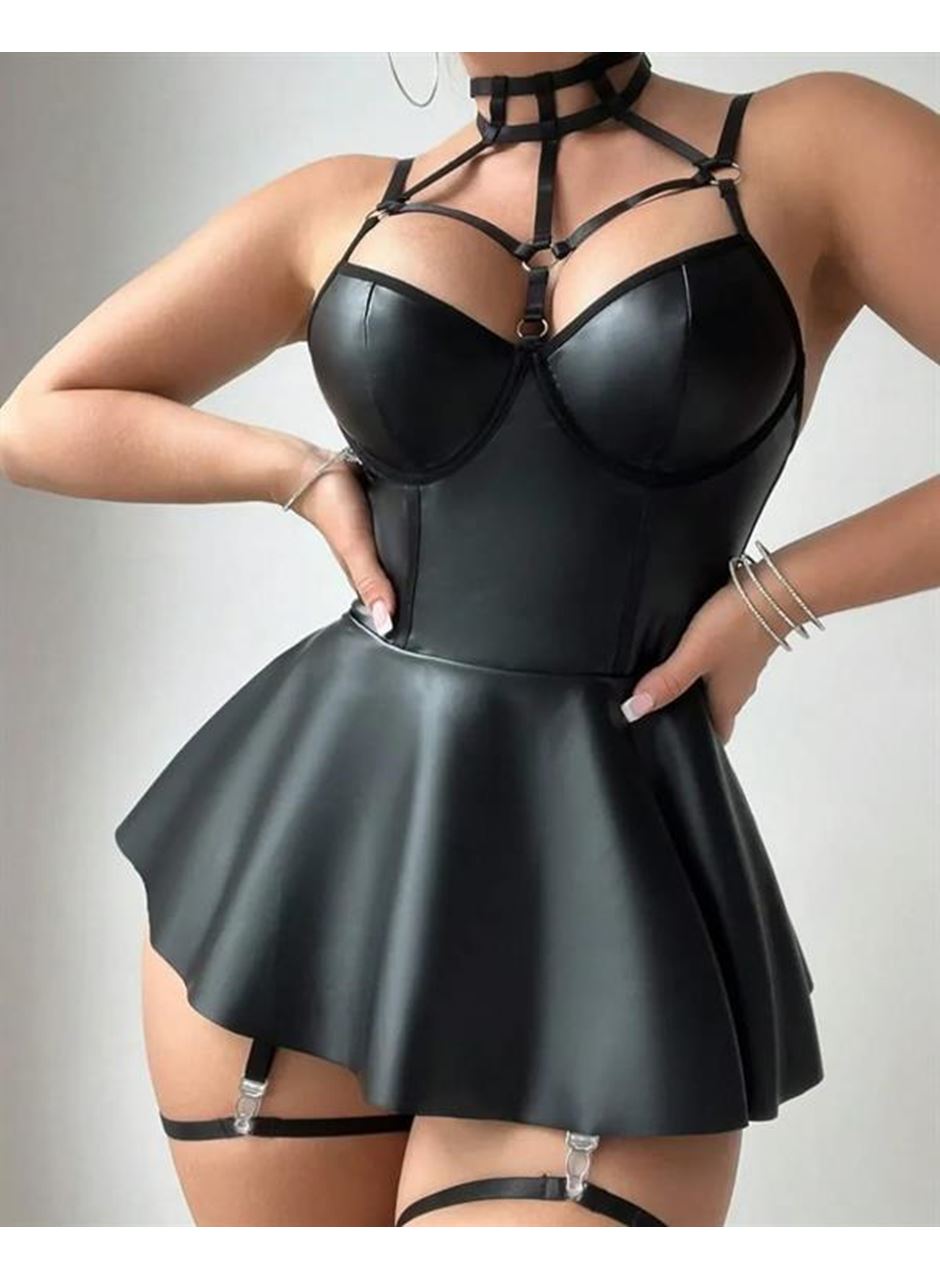 Siyah Fantezi Parlak Deri Şık Club Elbise