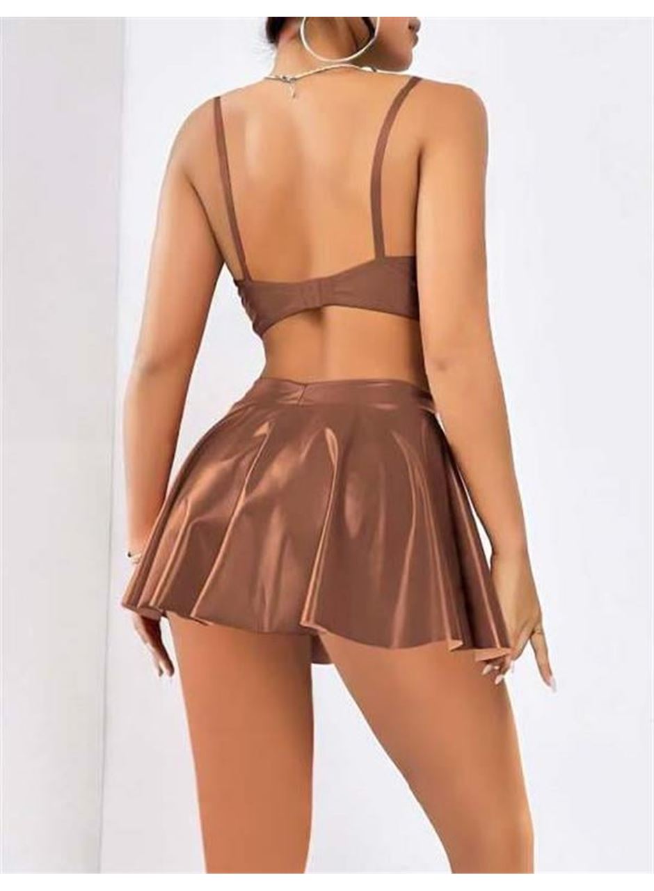 Kahverengi Etekli Fantezi Deri Şık Elbise