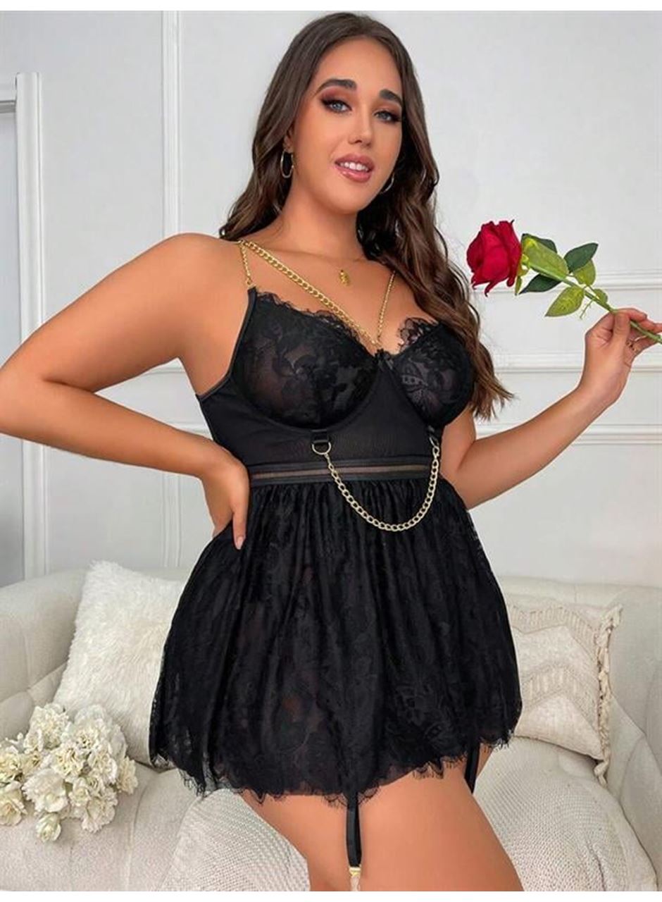 Özel Tasarım Büyük Beden Fantezi Zincir Detaylı Dantelli Gecelik