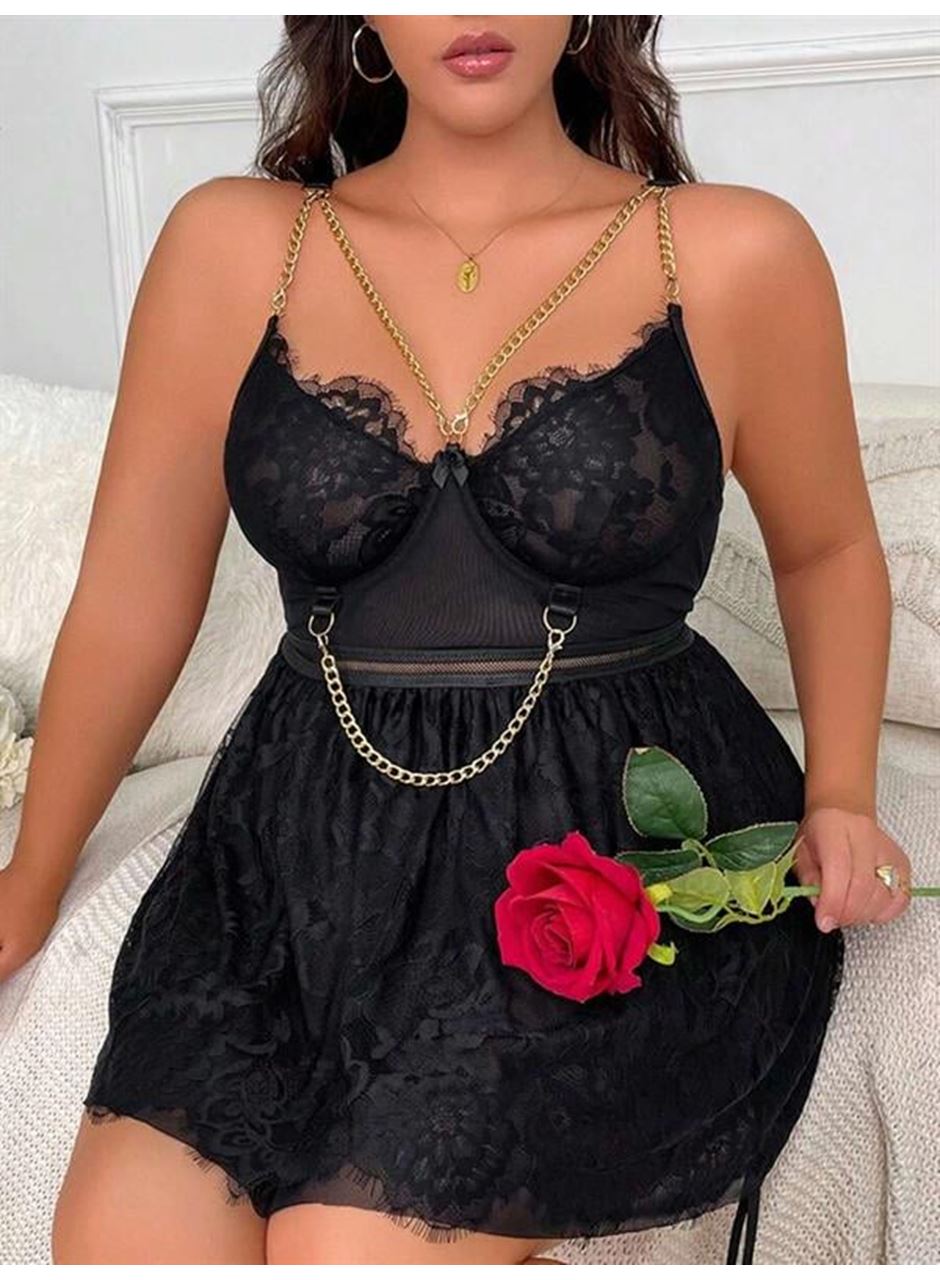 Özel Tasarım Büyük Beden Fantezi Zincir Detaylı Dantelli Gecelik