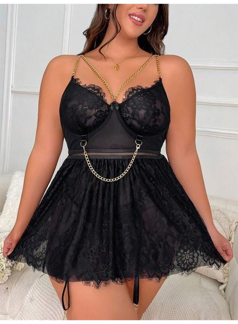 Özel Tasarım Büyük Beden Fantezi Zincir Detaylı Dantelli Gecelik