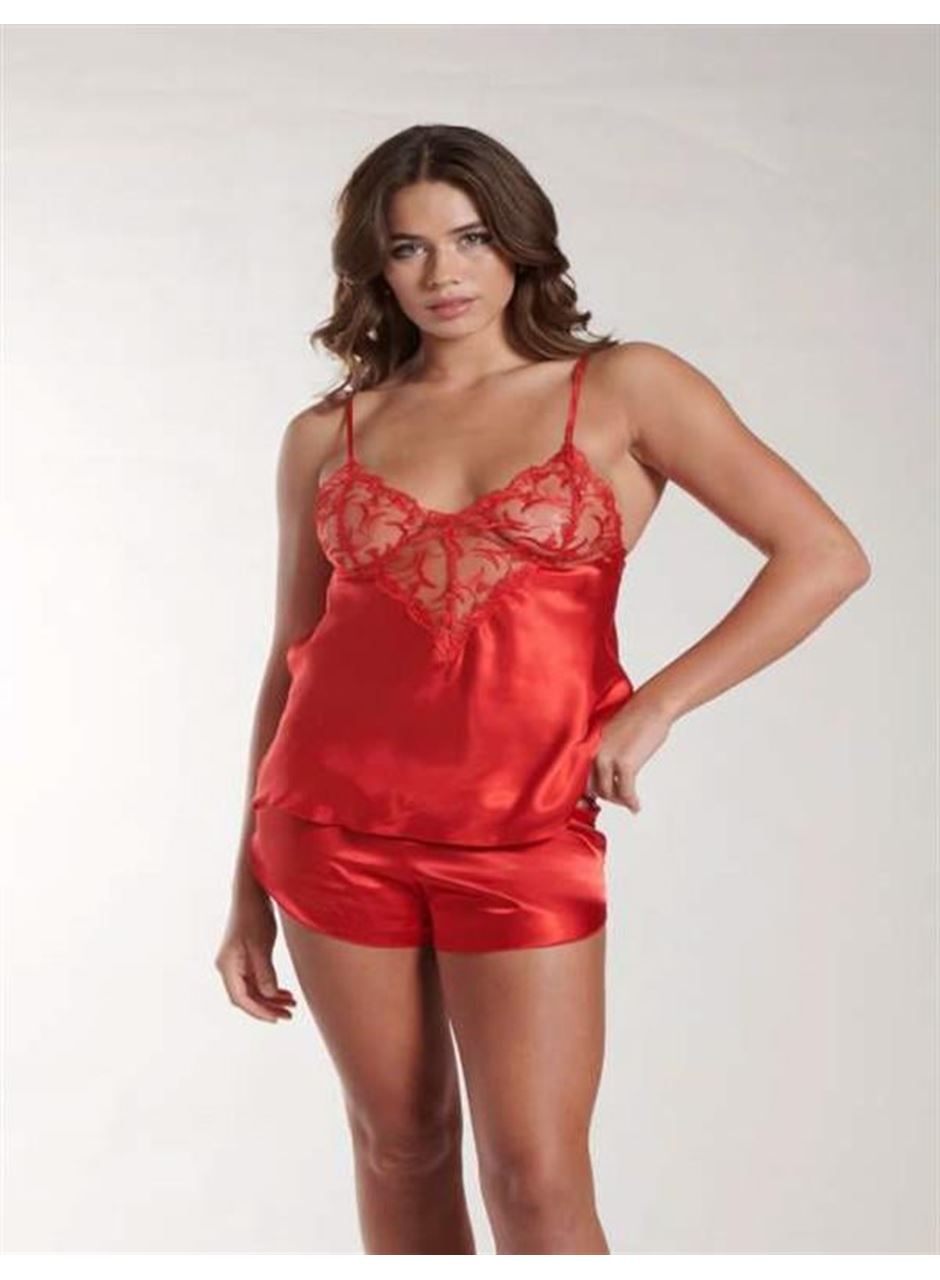 Kırmızı Dantel Detaylı İnce Askılı Saten Şortlu Takım